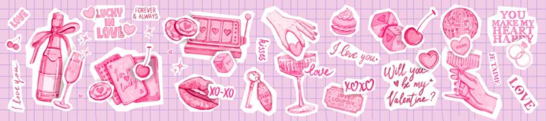 Plakat Watercolor love stickers, Valentine Day party decoration print, hand drawn wedding bachelorette icon. Retro holiday romantic date collage design elements, cocktail champagne glass, lips. Love stickers