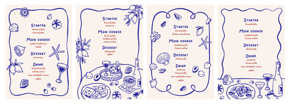 Italian restaurant menu design in Dolce Vita style with doodle scribble drawings. Seafood cafe, bar and sea food, snacks, coastal Mediterranean cuisine, card templates. Drawn vector illustration.