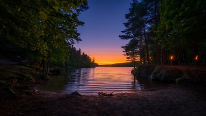serene lake surrounded by trees at sunset with calm water reflecting orange and purple hues