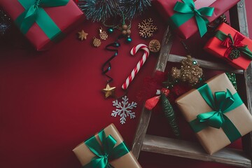 Merry Christmas festive greeting card with ornaments and gift boxes on red background, winter holiday flat lay top view