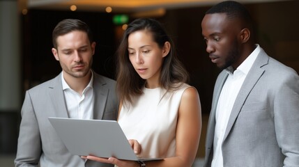 Three business people engage in a focused discussion while reviewing work on a laptop. The modern office setting showcases a blend of creativity and professionalism, fostering collaborative energy