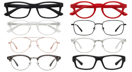 Collection of Stylish Eyeglasses Frames with Diverse Shapes and Colors Isolated on Transparent