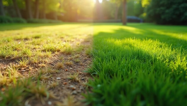 Split image shows dry patchy yard next to lush green grass. Yard transformation demonstrates lawn care results. Healthy vibrant green turf grows.