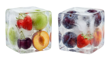 Freshly Filled Ice Cubes with Vibrant Mixed Fresh Fruits and Transparent Background