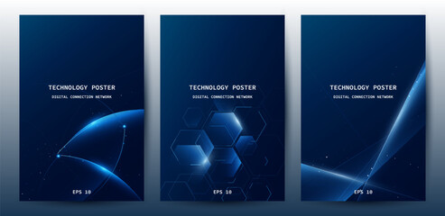 Futuristic digital blue line technology poster set, glowing lines innovation and connection network background for tech event poster or presentation product business