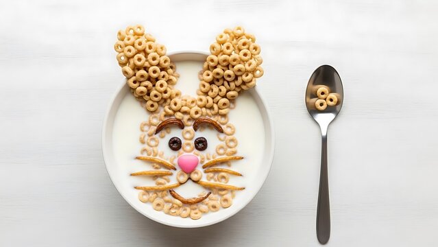 Cereal Bowl Shaped Like a Bunny Face with Spoon and Milk easter bunny breakfast