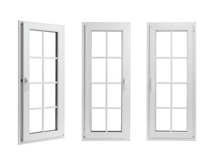 White paneled windows one open, one closed, one broken