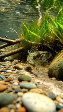 Sculpin Fish Swimming in Clear River Among Rocks and Underwater Plants