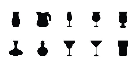 Glassware and drink icons black silhouette set. Beverage cups and glasses icons collection