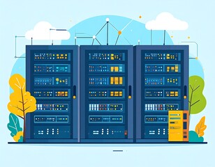 A stylized illustration depicting three server racks, connected by a network with fluffy clouds and trees, set against a light blue background