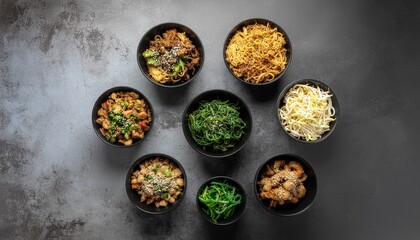 Top-Down Arrangement of Diverse Asian Dishes in Assorted Bowls