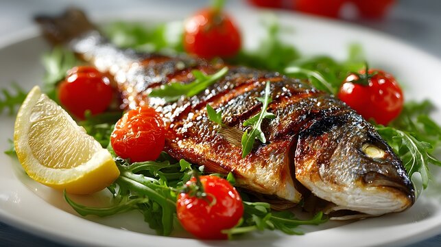 Gourmet grilled whole dorade fish served on a white plate with cherry tomatoes, fresh arugula and a lemon wedge in professional style.