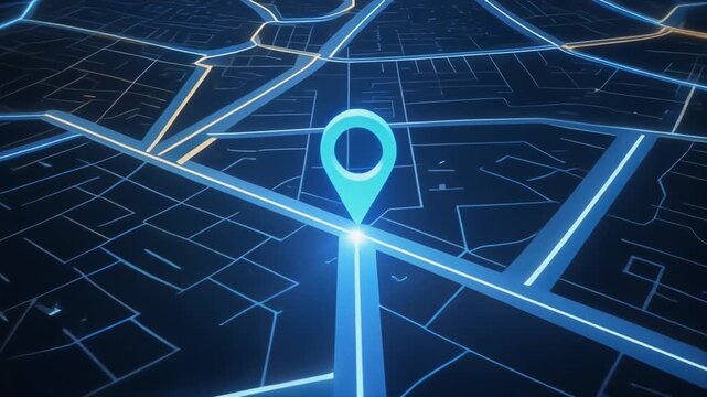 A futuristic digital city map with glowing blue and yellow navigation routes.