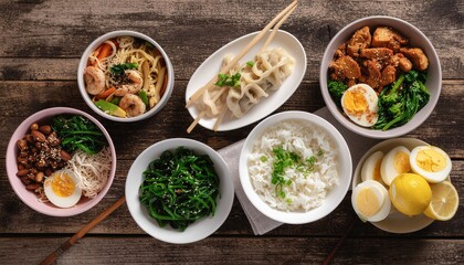 Top-Down Arrangement of Diverse Asian Dishes in Assorted Bowls