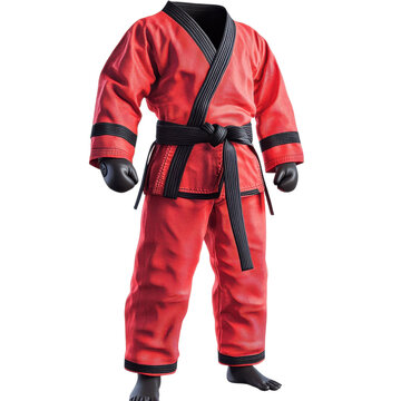 Red Karate Uniform with Black Belt and Stripes in Studio Lighting on Mannequin for Martial Arts isolated on transparent background
