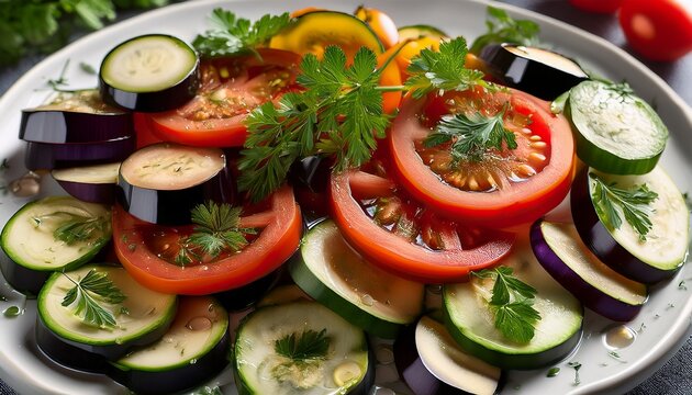freshly sliced vegetables including eggplant zucchini and tomato garnished with herbs and drizzled with oil create vibrant and appetizing