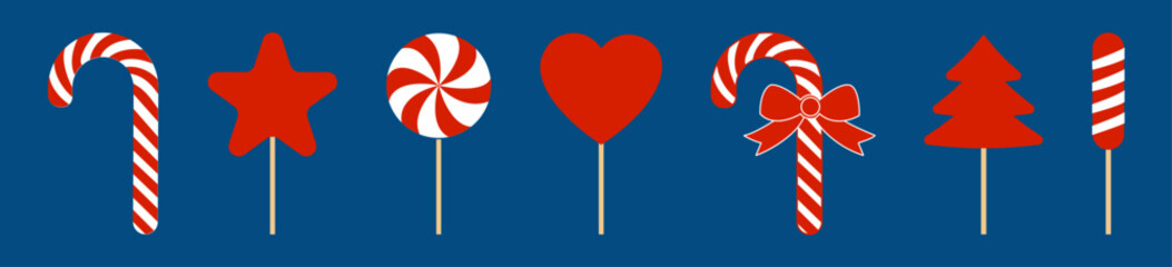 Obraz premium Set of clipart with red candies and lollypops. Collection of illustrations with sweet for Christmas or Valentine day. Assortment of candies in red and white wrapper.