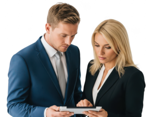 Business colleagues collaborating on tablet isolated on transparent background