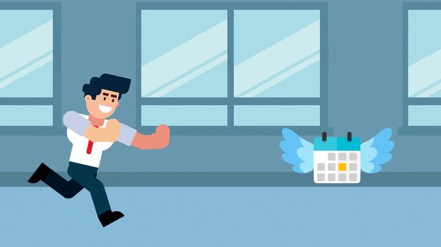A businessman runs after a flying calendar with wings, symbolizing the pursuit of time, deadlines, schedules, or time management in a business or office environment.
