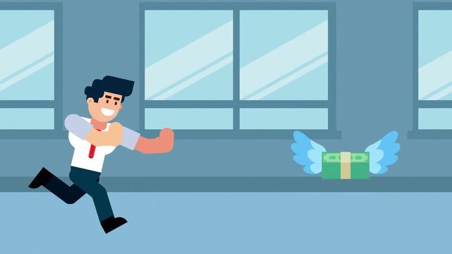 A businessman runs after a stack of money with wings, symbolizing the pursuit of wealth, financial success, investment, or lost opportunities in a business or office environment.