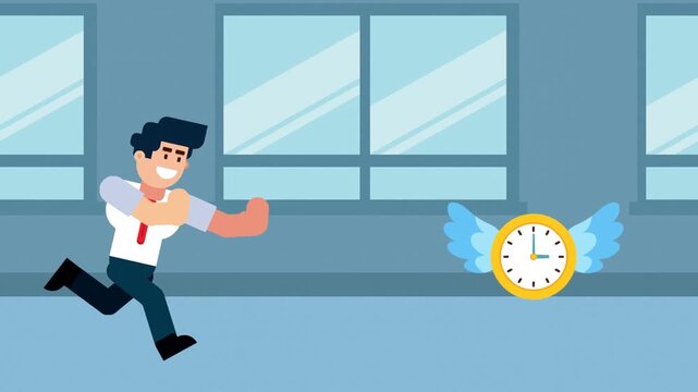 A businessman runs after a flying clock with wings, symbolizing the pursuit of time, deadlines, or time management in a business or office environment.