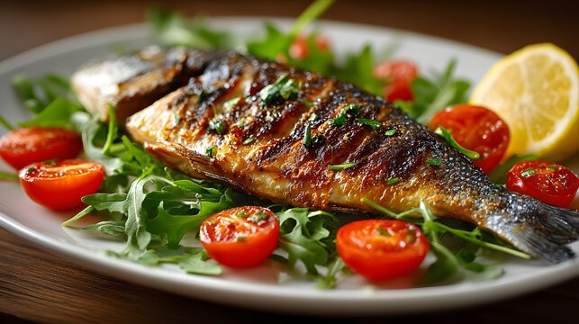 Gourmet grilled whole dorade fish served on a white plate with cherry tomatoes, fresh arugula and a lemon wedge in professional style.