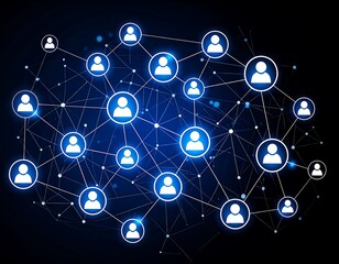 Illuminated diagram depicts interconnected nodes, each representing a person, with glowing lines, showcasing network concept against dark background