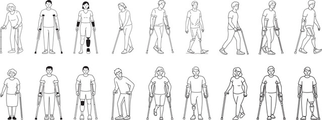 Collection of diverse people using mobility aids vector line art, cane, crutches, and prosthetic leg, in a clean outline design.