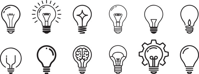 Collection of line drawing Lightbulb on the white background, Vector illustration,  Concept for Idea and Innovation, logo, card, banner, poster, flyer.