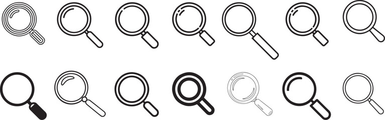 Collection of line drawing  magnifying glass on the white background, Vector illustration. Concept for logo, card, banner, poster, flyer.