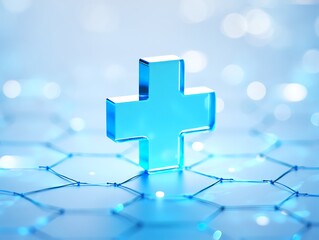 Abstract medical cross symbol with glowing blue light, modern healthcare technology concept, futuristic digital science background featuring geometric shapes, bokeh blur, glossy reflections, and clean