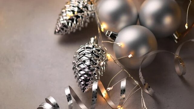 Christmas background, lights, garland, cone shaped and round silver baubles. Christmas border art design in beige color, top view. Winter holiday greeting card. 