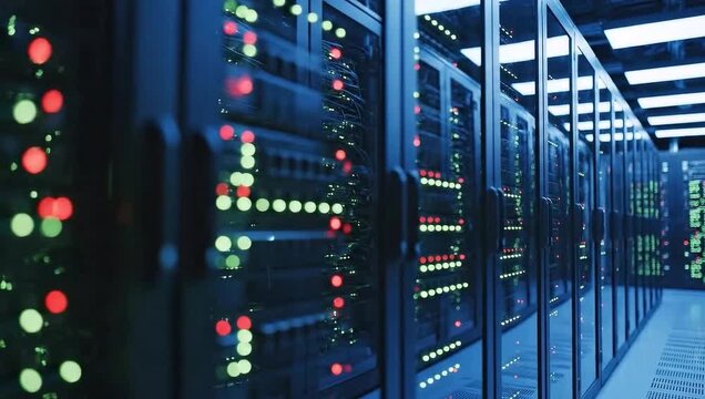 Server Room Data Center LED Lights on Rack Close Up Technology Infrastructure