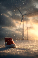 Santa Claus hat on snowy ground, wind turbine base and blades in background. Concept of wind energy provision and supply during Christmas time. Blending festive warmth with industrial infrastructure.