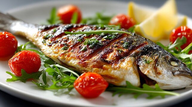 Gourmet grilled whole dorade fish served on a white plate with cherry tomatoes, fresh arugula and a lemon wedge in professional style.