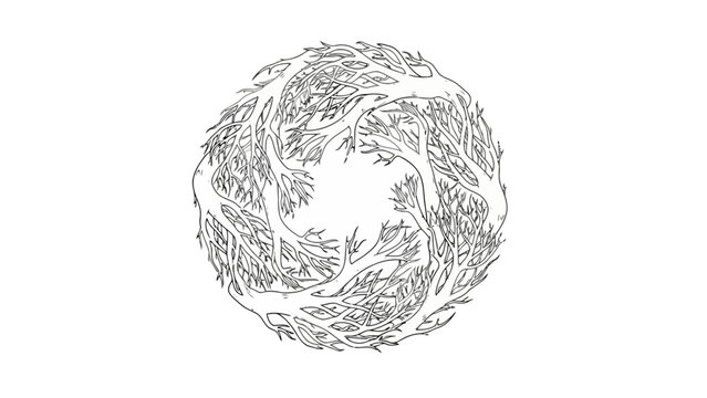 Abstract circular wreath design made of tangled, intricate line art resembling branches or roots