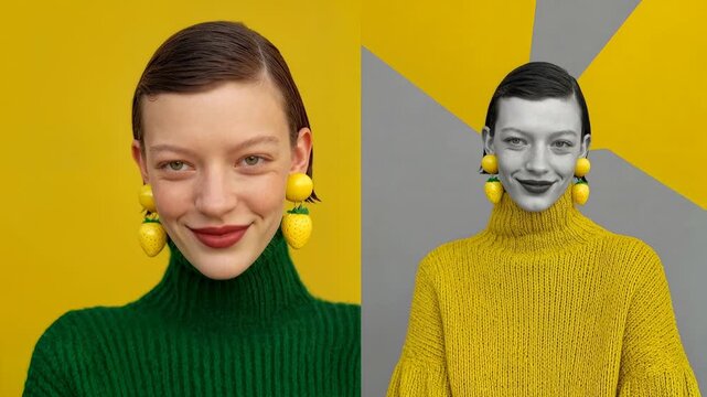 Stylish woman in green sweater poses against split yellow background celebrating bold fashion minimal design and modern creative portrait