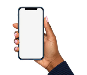 Dark-Skinned Hand Holding Modern Smartphone Mockup with Blank White Screen Isolated