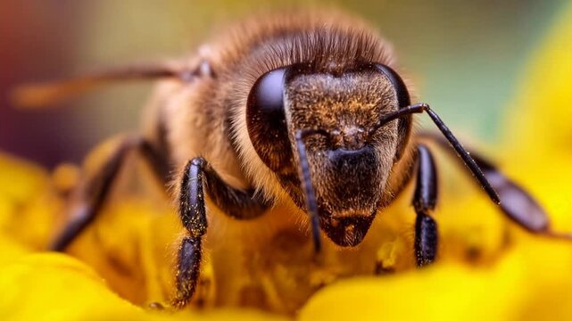 Macro view of bee on bright yellow flower collecting pollen highlighting pollination biodiversity and fragile environment of insect world