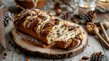 Sliced chocolate babka bread on a wooden board surrounded by almonds and pine cones on a rustic table