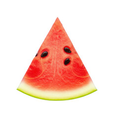 Single Slice of Fresh Red Watermelon with Black Seeds Isolated on White Background