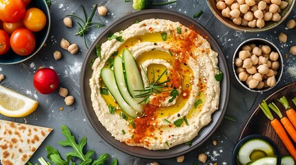 A top view of a hummus plate surrounded by tomatoes chickpeas carrots and pita bread on a table