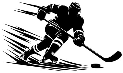  A dynamic ice hockey player bursts across the rink, gripping a curved stick as they chase the puck. This energetic silhouette captures speed, skill, and intense athletic