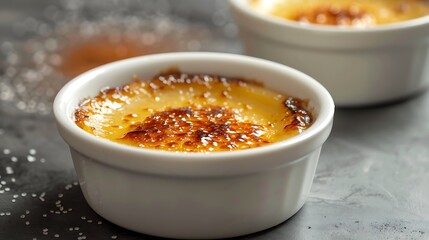 Close up of two cr&egrave;me br&ucirc;l&eacute;e desserts in white ramekins on a dark surface with sugar sprinkles