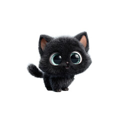 Fluffy Black Kitten With Big Eyes, Cute Chibi Cartoon Cat Character