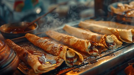 Close up of freshly made crepes with banana and chocolate sauce on a hot griddle surface