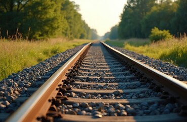 Fototapeta premium Railroad tracks stretch into distance under sunny sky. Golden hour light illuminates gravel and metal rails. Green trees line grassy field beside train path, suggesting journey.