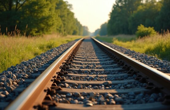 Railroad tracks stretch into distance under sunny sky. Golden hour light illuminates gravel and metal rails. Green trees line grassy field beside train path, suggesting journey.