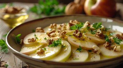 Apple carpaccio with walnuts and parsley in a shallow bowl on a wooden surface close up view