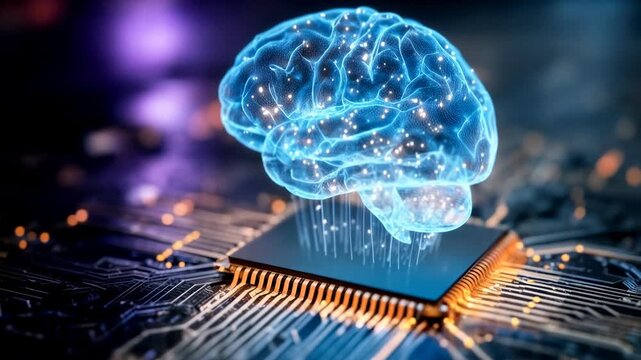Blue brain hologram rises from glowing processor chip symbolizing artificial intelligence neuroscience and powerful digital computing technology
